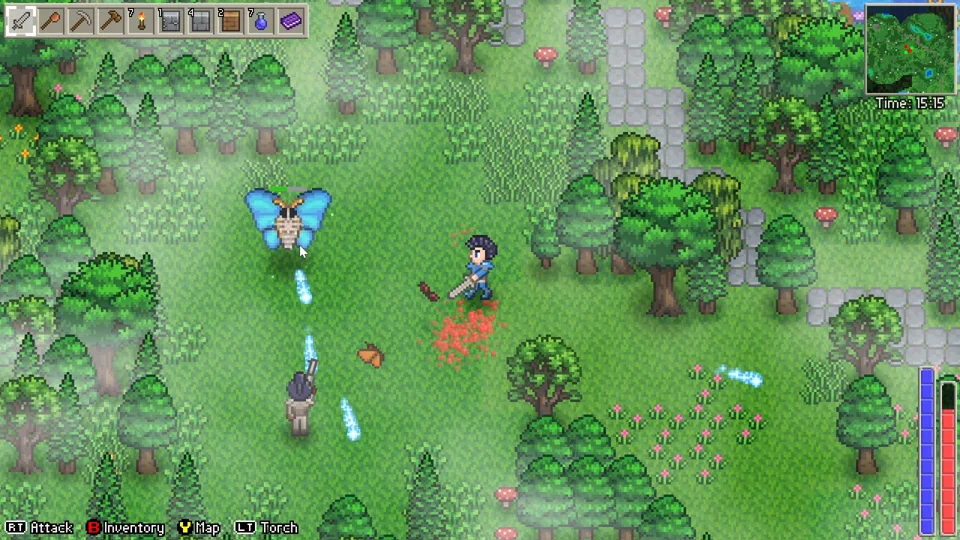 Um personagem Delverium lutando contra um inimigo alado ao lado de um caminho na floresta