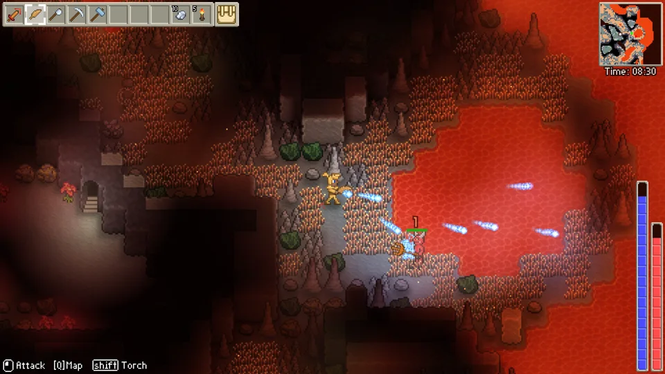 Um personagem Delverium atravessando uma caverna rochosa ao lado de lava brilhante