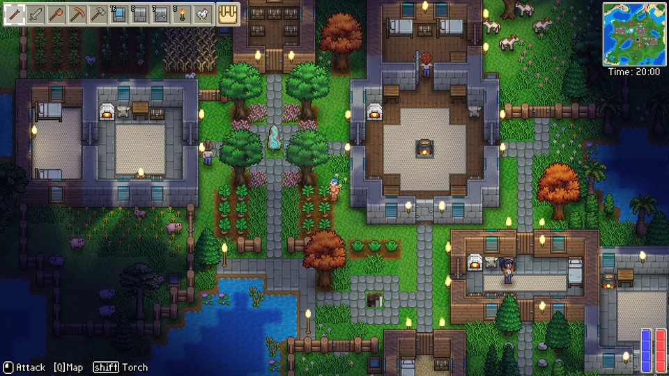 Aldeia Delverium à noite com casas mobiladas, jardins e caminhos